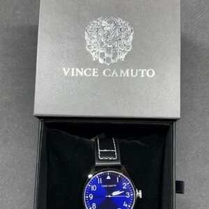 Vince Camuto Men's Black Leather Strap Watch with Blue Dial
